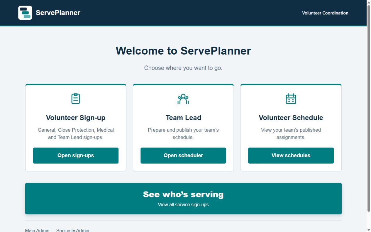 ServePlanner home page with volunteer sign-up, Team Lead scheduling, volunteer schedules, and See who’s serving